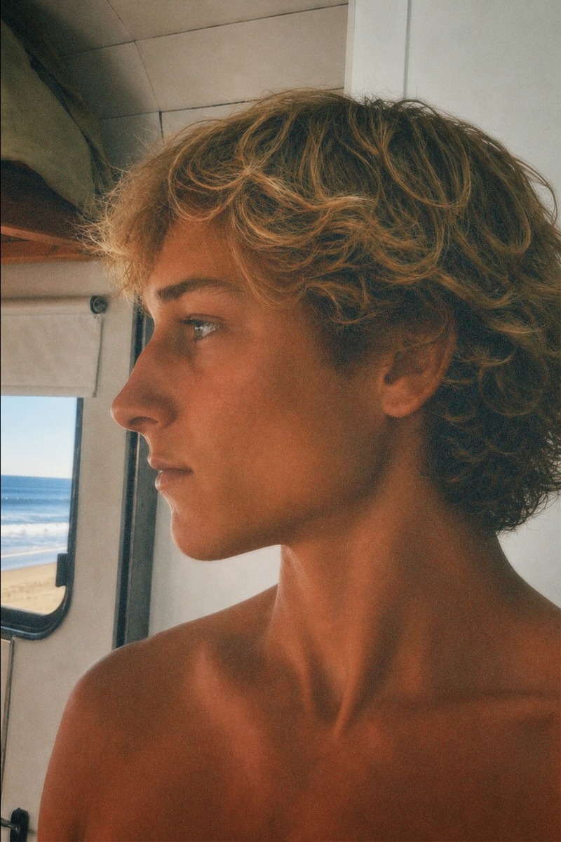Looking out of the van at the ocean